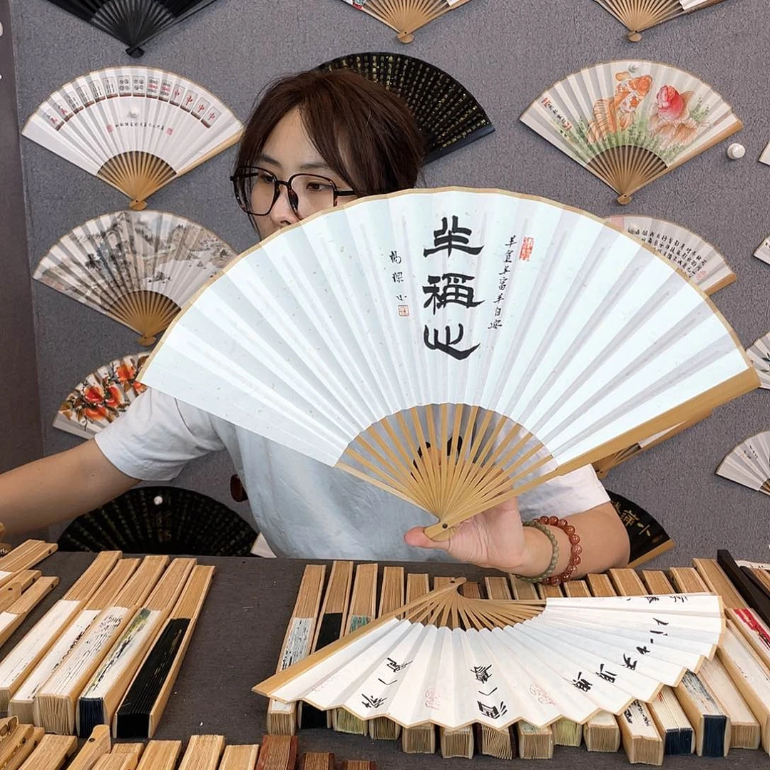 书法95寸玉竹-纯手绘-文玩扇骨（默认粘好）半称心