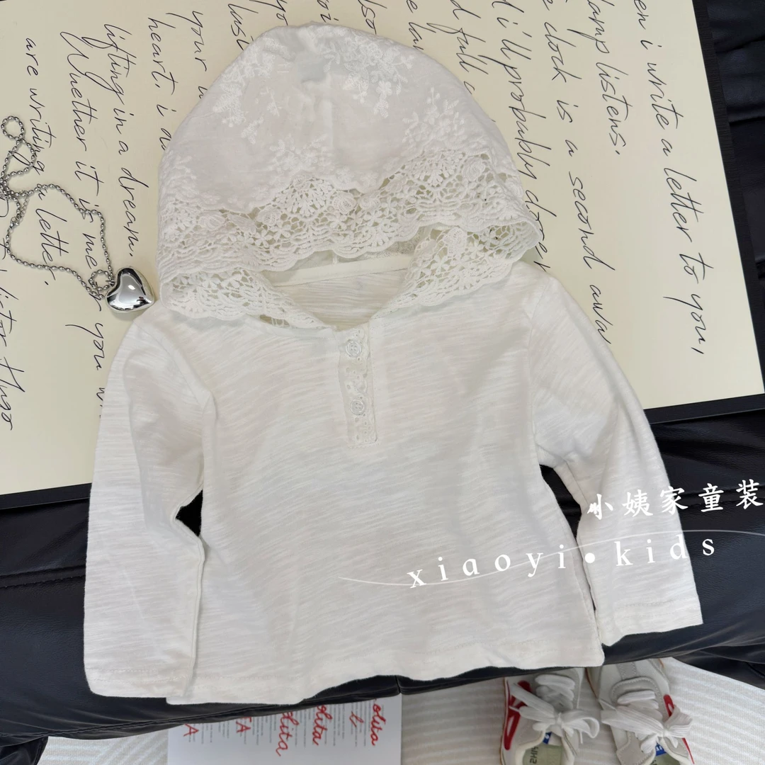 韩版童装2025新款秋季女童蕾丝长袖帽T儿童洋气