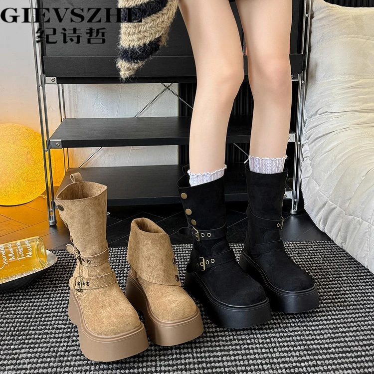 纪诗哲厚底增高英伦风时装靴女秋季新款显瘦舒适厚底美拉德女靴