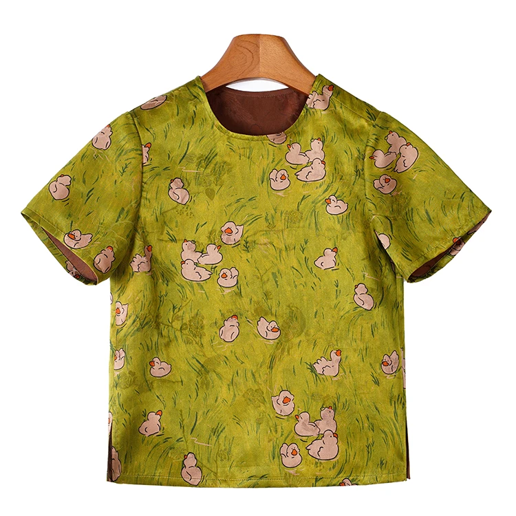 莨宝宝「加油鸭」B107短袖100%桑蚕丝套头衫透孔罗红云纱儿童