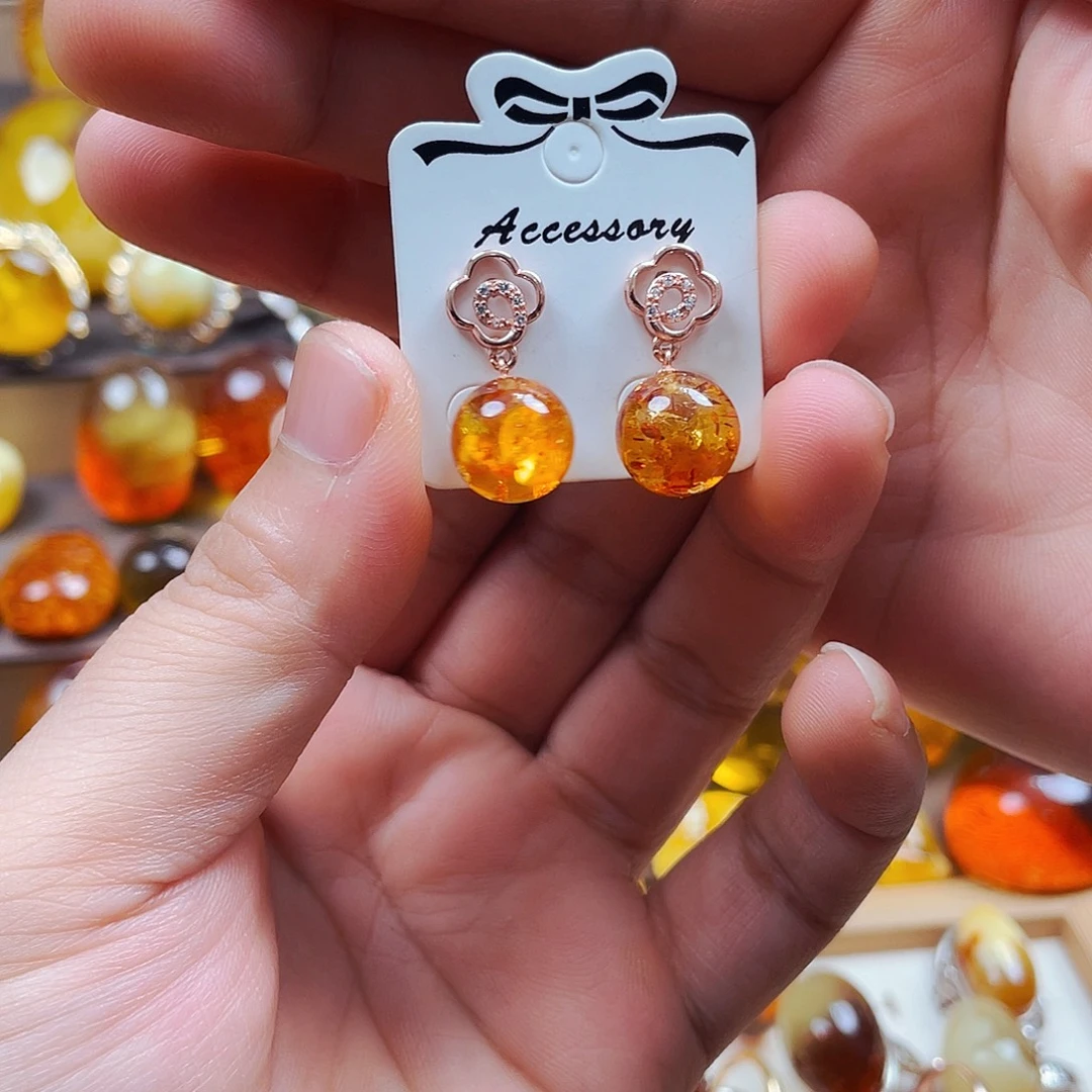 琥珀银S925镶嵌戒指耳钉