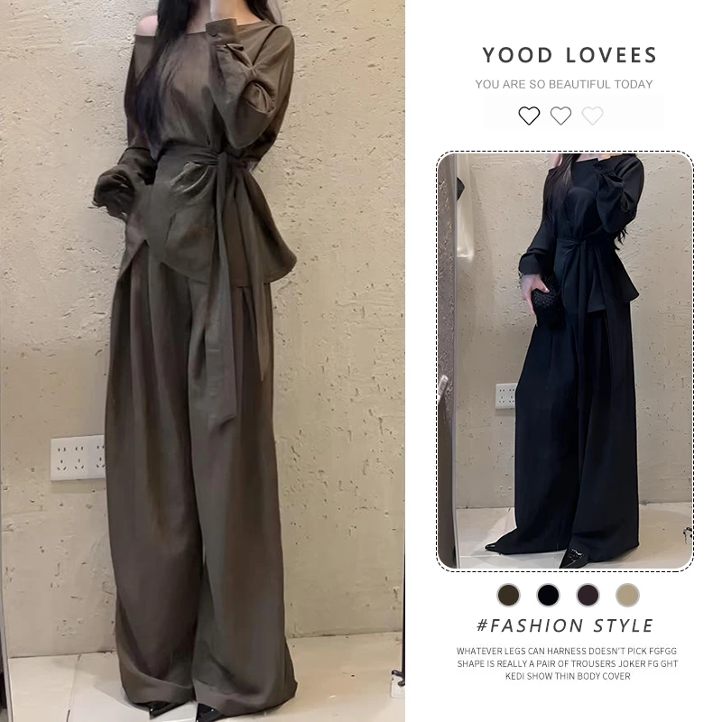 休闲时尚气质感套装女2025春秋新款女装斜肩衬衫休闲阔腿裤两件套