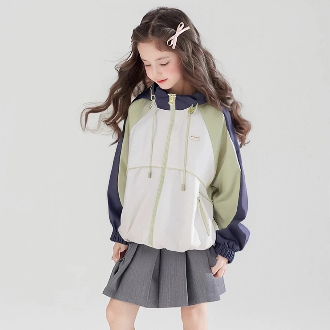 女童连帽外套春秋2025新款洋气休闲拼色冲锋衣儿童户外上衣