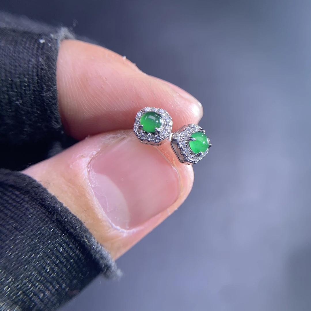 天然A货翡翠S925银镶满绿耳钉52540气质女款多样性发货只发一个