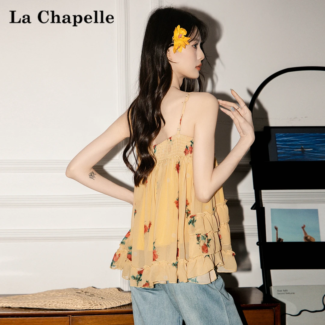 拉夏贝尔法式碎花雪纺吊带背心裙女2025夏季新度假风无袖美背上衣