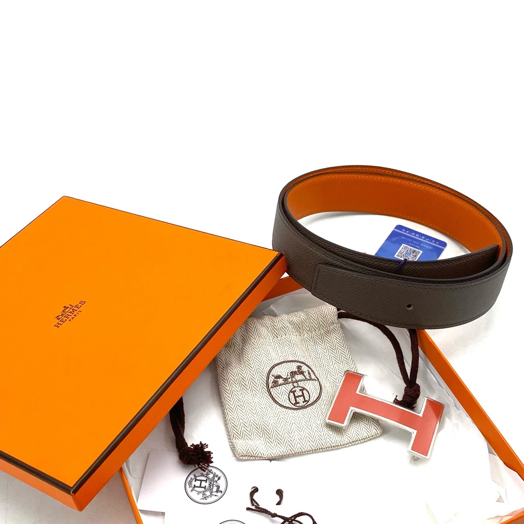 全新未使用 Hermes/爱马仕 橘棕色双面全皮腰带 珐琅扣 Z刻 90cm