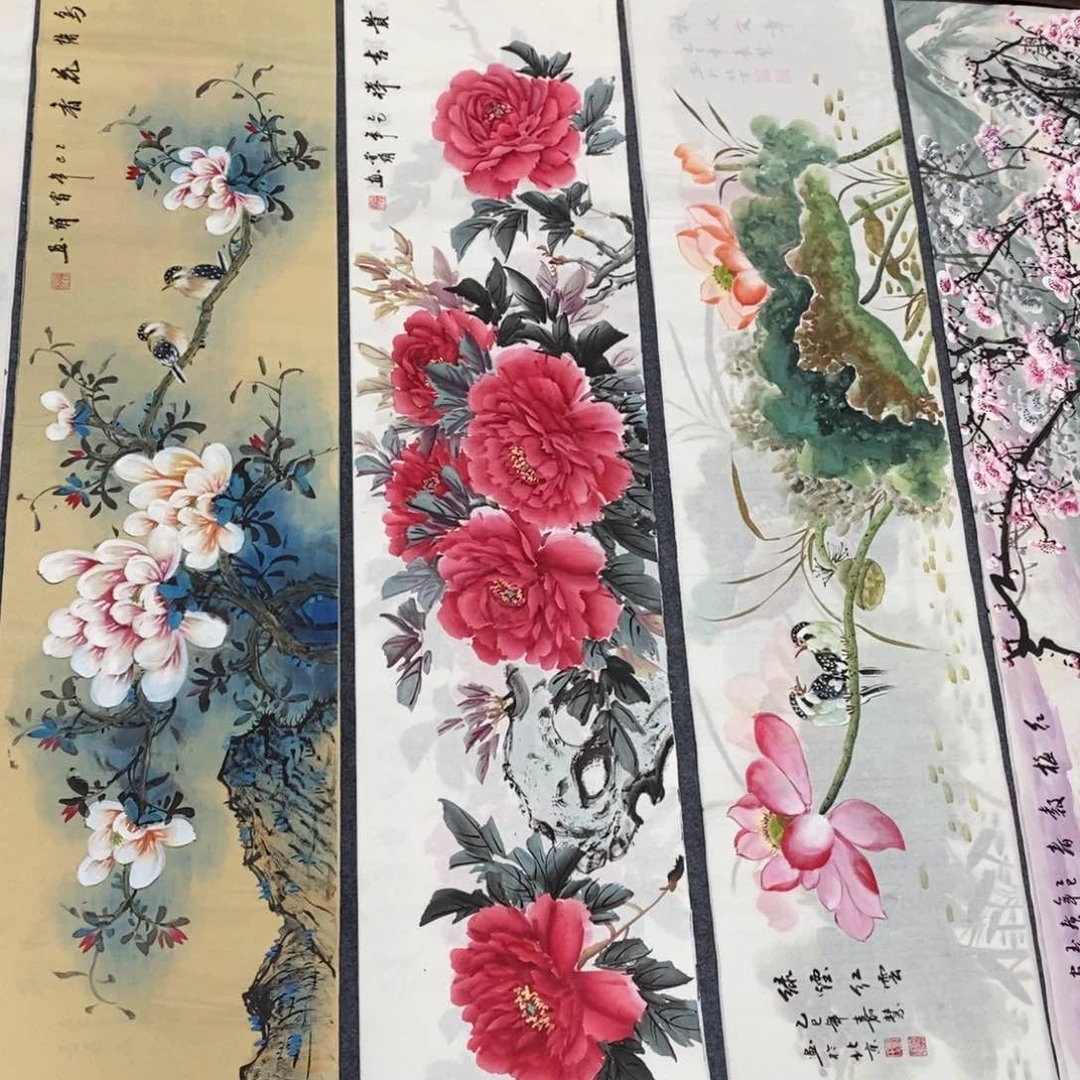 国画尺寸140✖️35四尺对开床头画牡丹