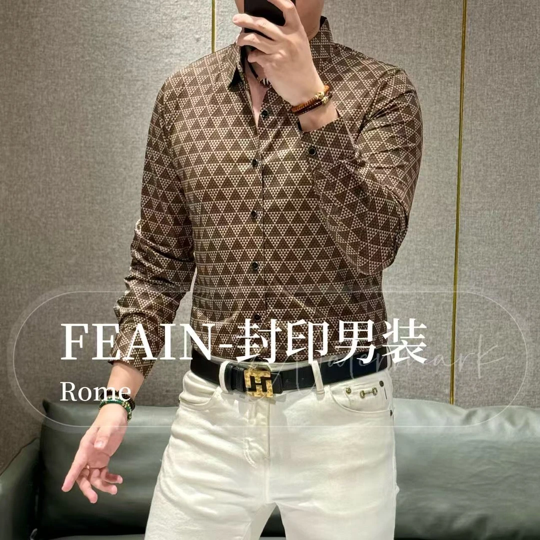 高端定制早秋莱卡弹力满身三角形男士长袖衬衫1913