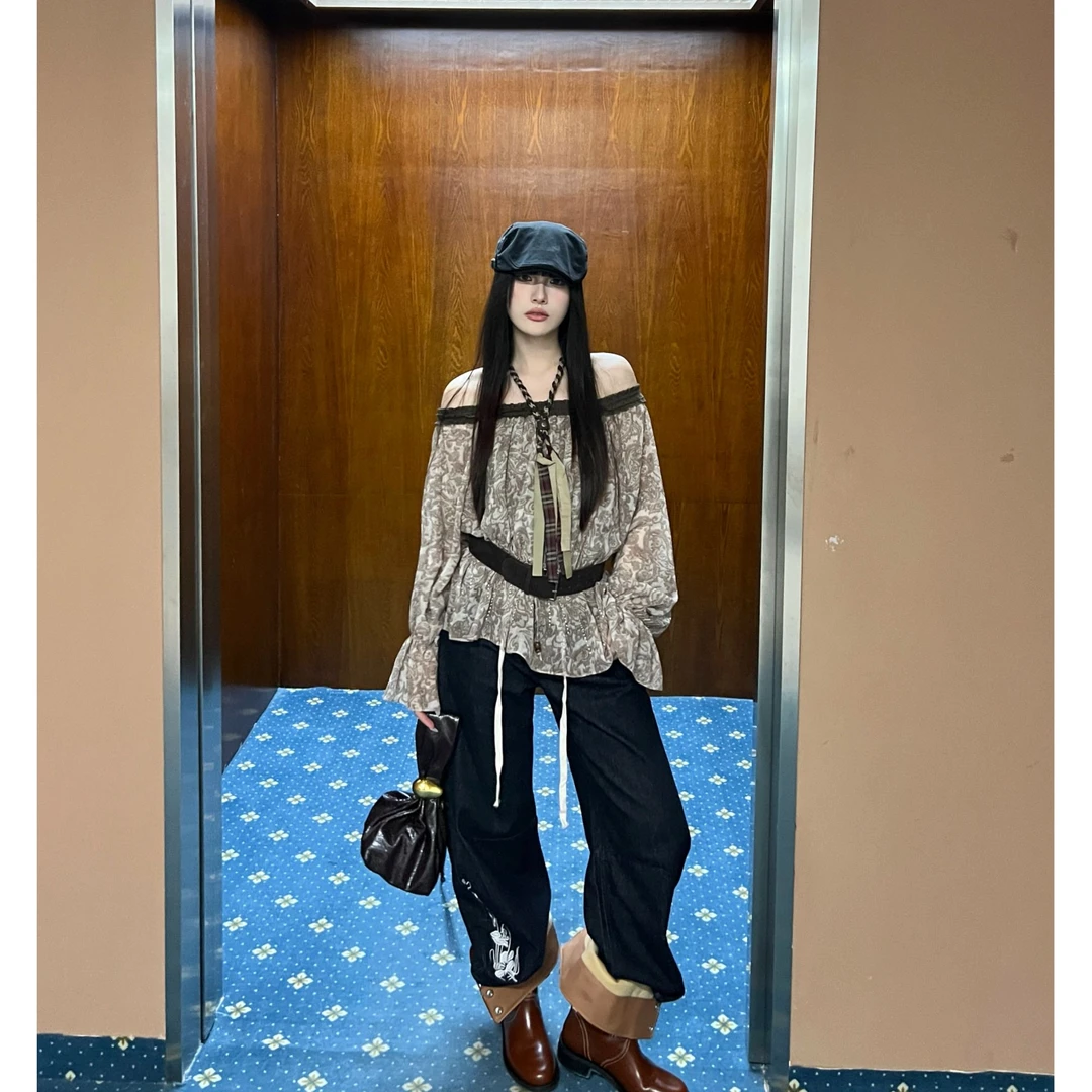 VENALABEL 印花一字肩罩衫女25AW秋季新款波西风腰果花上衣IINC