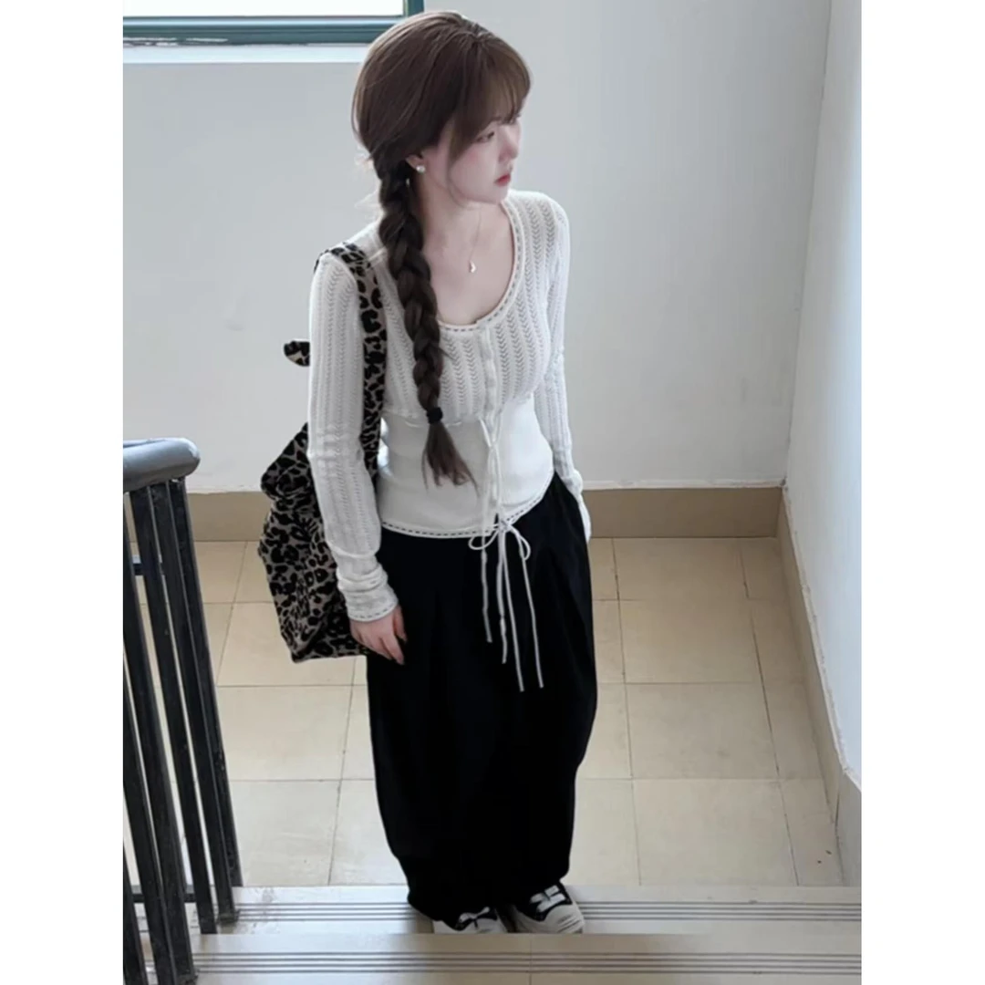 韩系小香风u领针织长袖t恤女初秋设计感纯欲bm风修身慵懒打底上衣