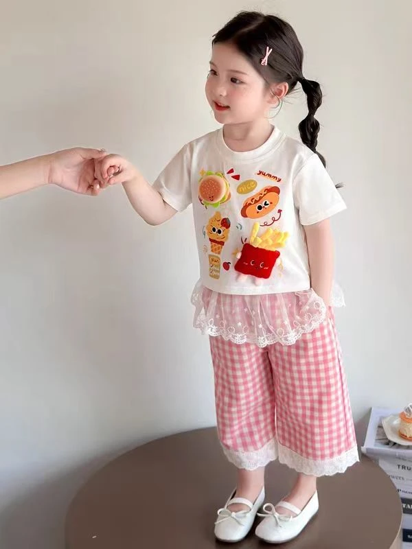 薯条汉堡格子裤套装夏款3252