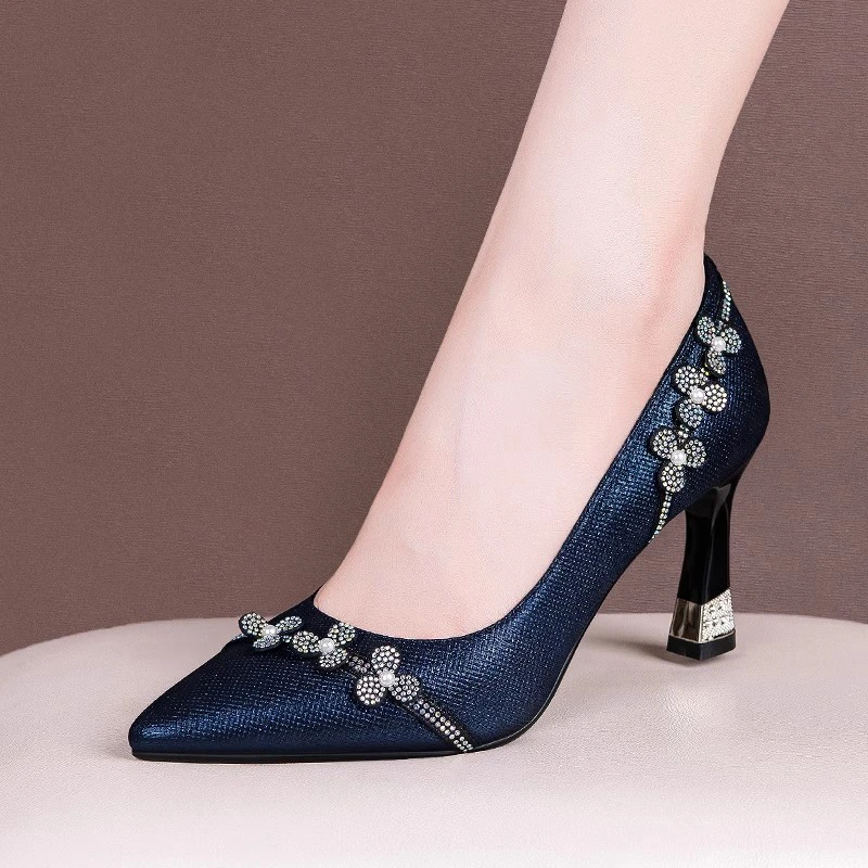 气质优雅高跟单鞋女细跟尖头2025春秋季新款时尚花朵水钻浅口女鞋