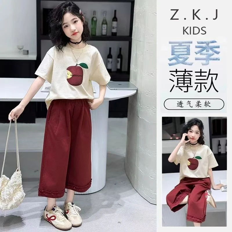 女童夏季套装2025新款中大童韩系时髦T恤花边休闲裤夏装两件套潮