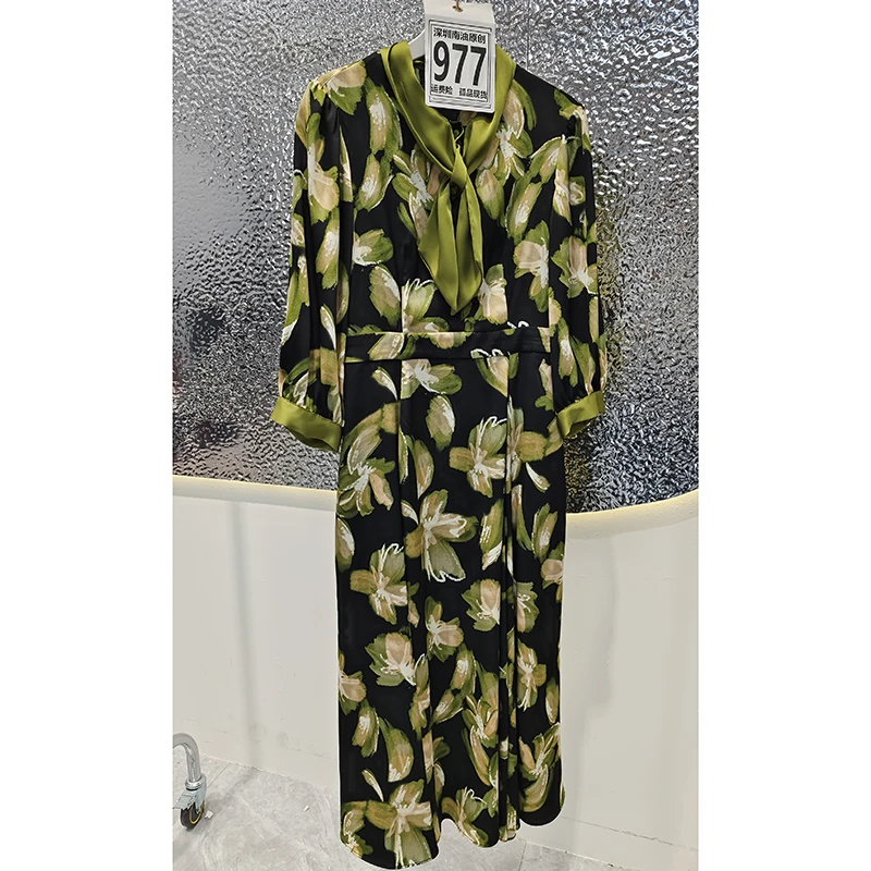 中袖设计师圆领显瘦中长款春季印花拼接休闲夏季连衣裙女装977