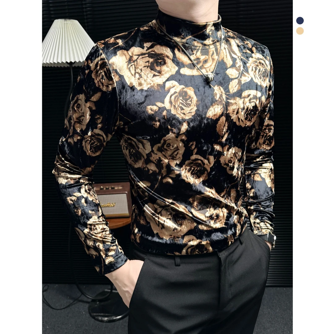 土酷风玫瑰印花长袖t恤男款秋冬半高领打底衫男装2025年帅气潮牌