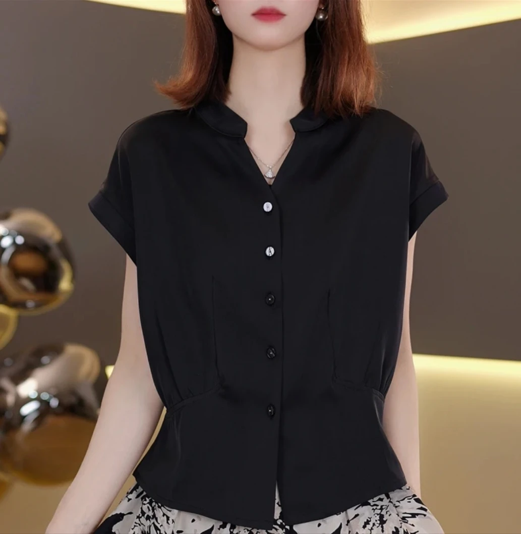 2025夏季新款轻奢V领小衫显瘦气质洋气时尚百搭宽松小众收腰法式