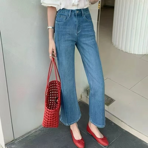 2025春夏微喇叭裤遮胯显瘦不贴腿牛仔裤四面弹力竖线九分喇叭裤