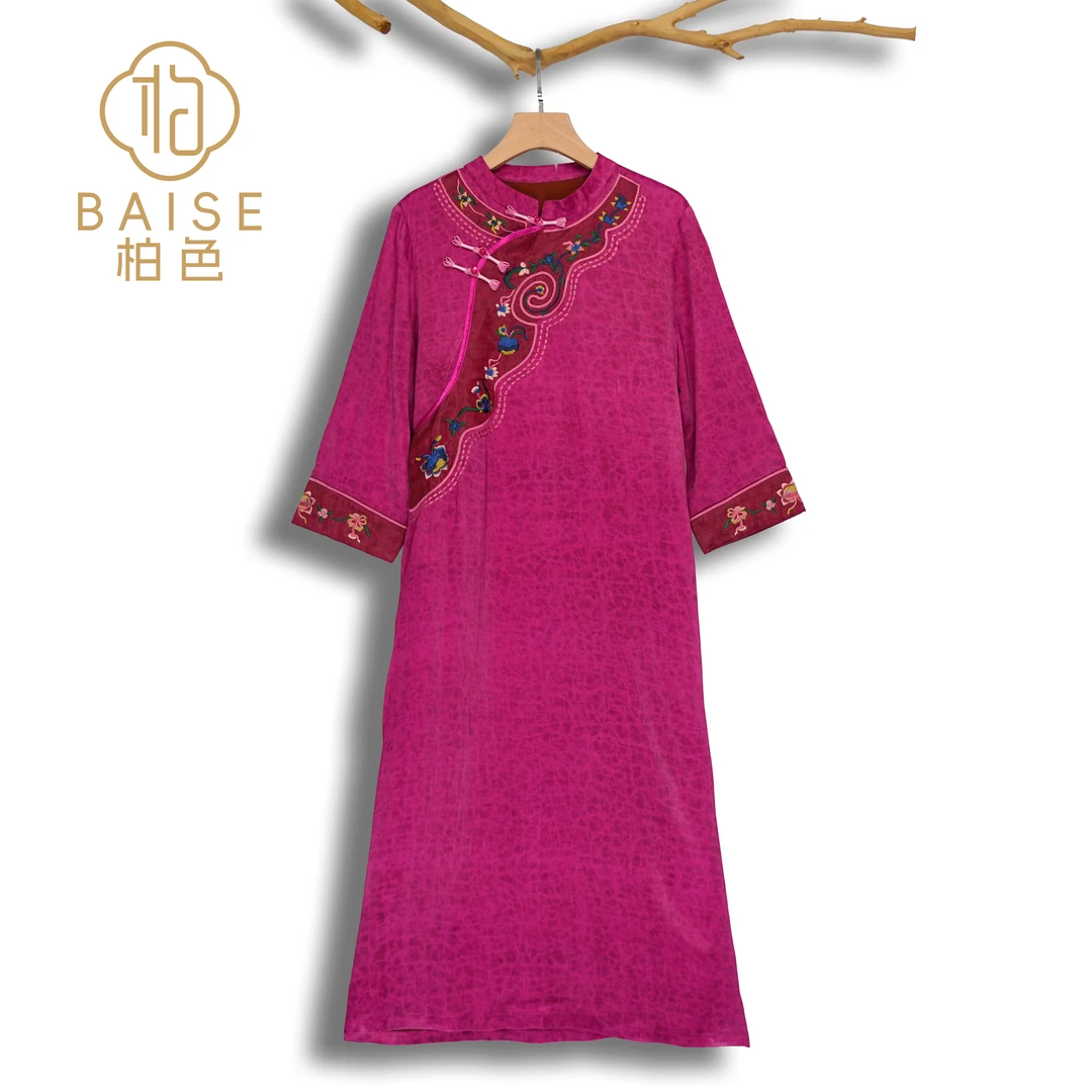 中式连衣裙复古盘扣绣花传统改良气质女装春季宽松连衣裙1698