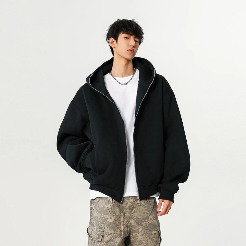 boxy短款开衫连帽卫衣男春秋季美式重磅cleanfit纯色拉链帽衫外套