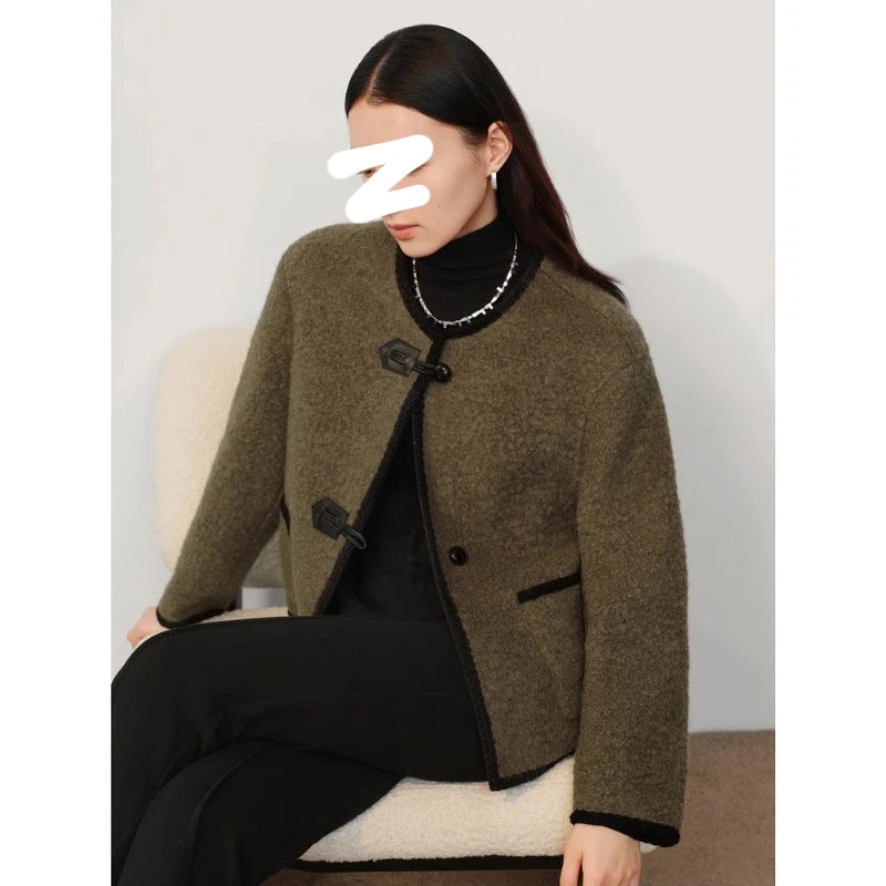 JYD609774圈圈毛呢外套女短款圆领撞色包边冬季加厚小香风上衣