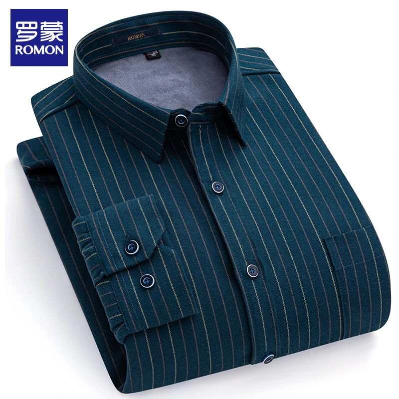 罗蒙冬季保暖男士长袖衬衫纯棉加绒加厚全棉牛津纺加大码加肥衬衣