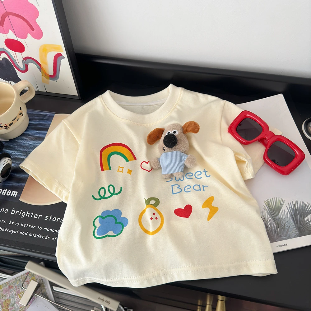 夏装打底衫T恤短袖新款卡通2025韩版儿童宽松男女童上衣洋气玩偶
