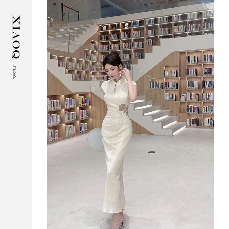 XIAOQ「鱼尾曳月」新中式立领盘扣鱼尾国风旗袍连衣裙（含内搭）91330