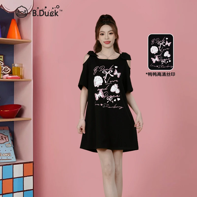 B.Duck小黄鸭2025年春夏季新款宽松黑色蝴蝶结露肩中长款连衣裙