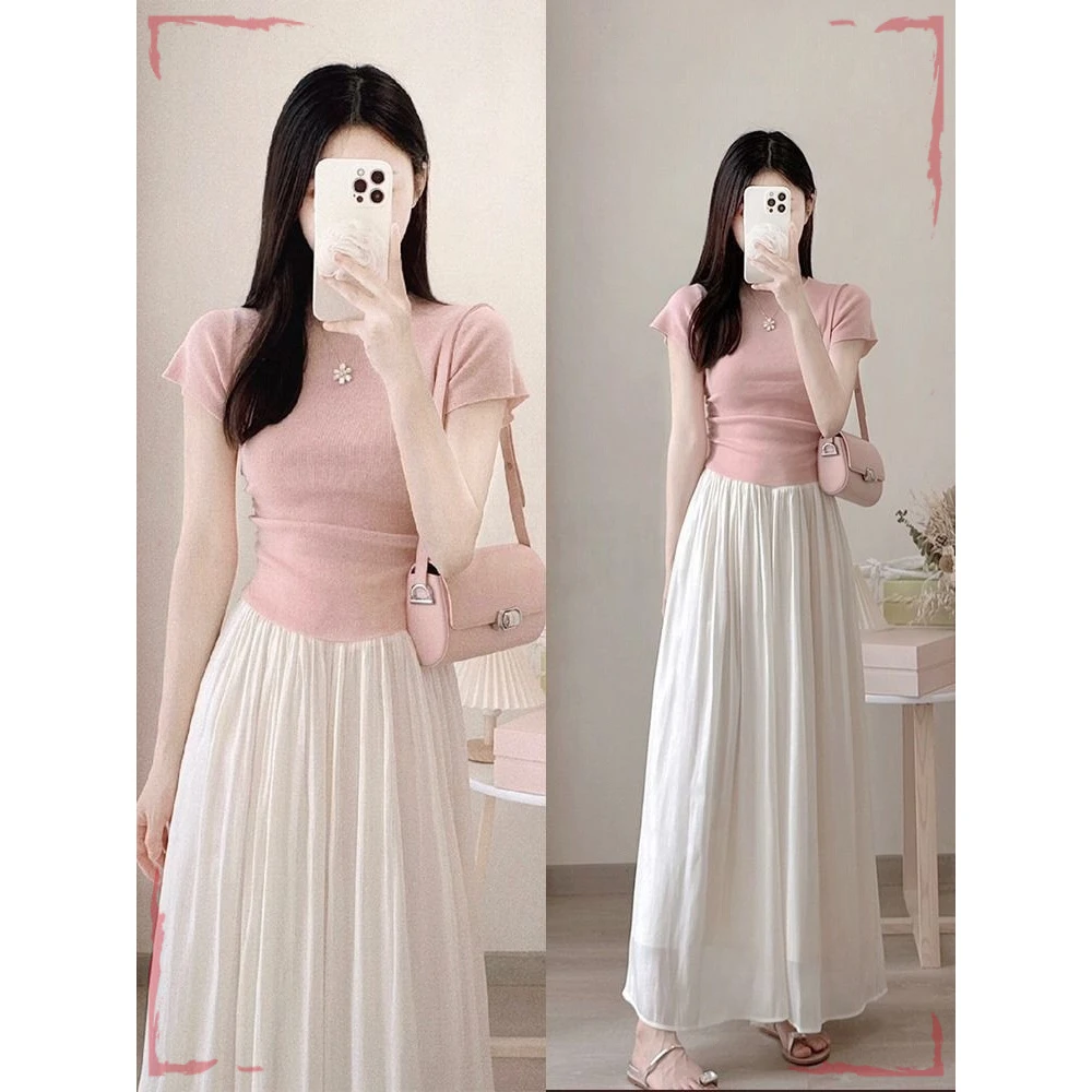 粉色不规则正肩短袖T恤女夏季薄款冰丝针织衫小个子紧身露腰上衣