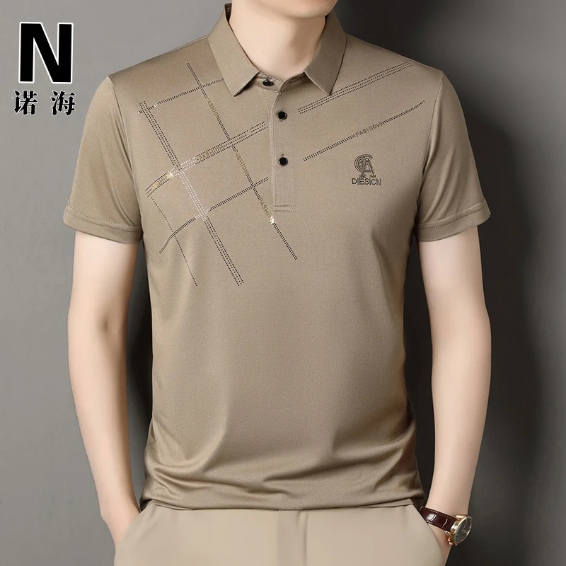 短袖夏季翻领商务T恤男装薄款潮流透气丝光棉镭射标冰丝polo衫男