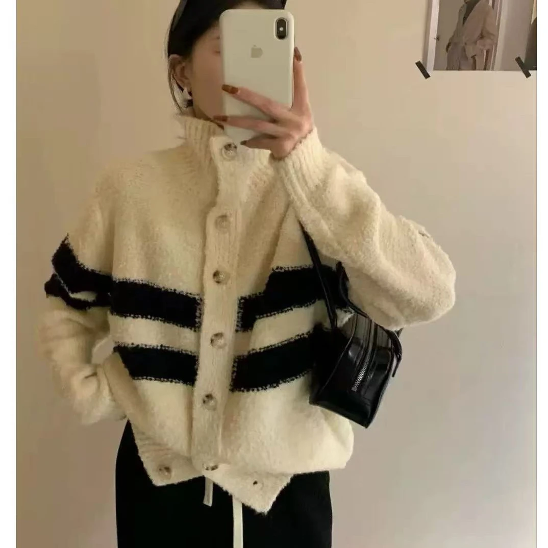 only@D7207 韩系秋冬百搭撞色条纹高领毛衣开衫 10-25