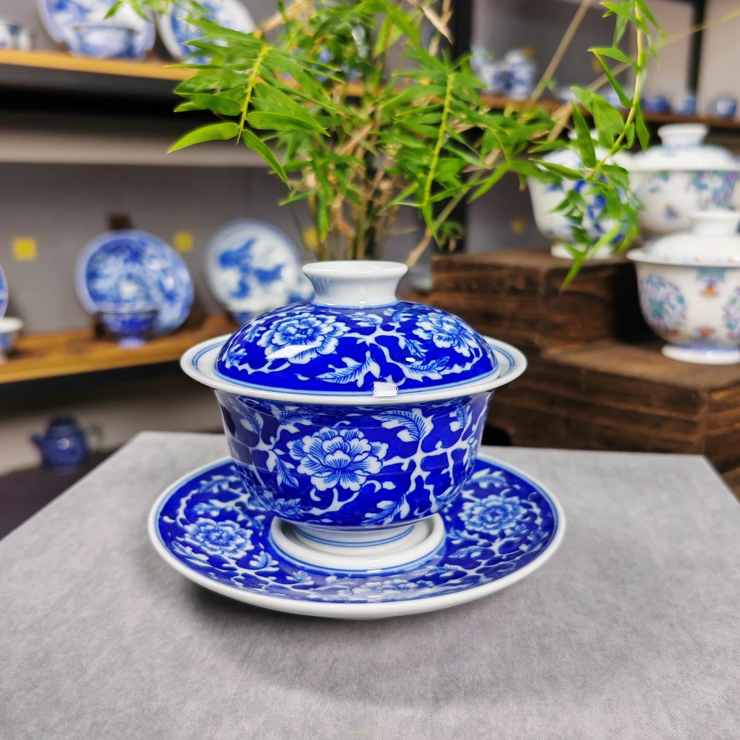明逸堂手绘陶瓷｜青花牡丹三才盖碗纯手工大盖碗缠枝