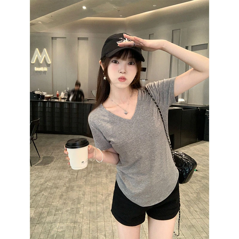 小众V领短袖t恤女2025年新款显瘦夏季宽松白色短袖纯色打底上衣