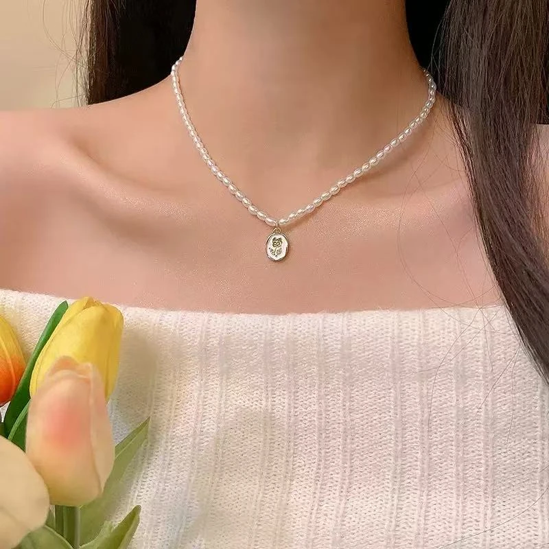 合金仿珍珠项链 女瑞丽风日韩植物花卉少女风轻奢饰品设计感法式