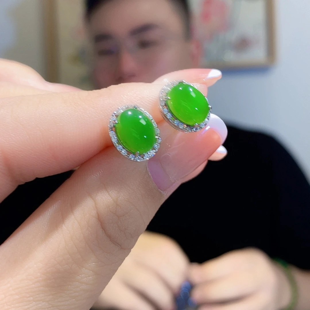 和田玉（碧玉）耳饰银S925镀金镶嵌