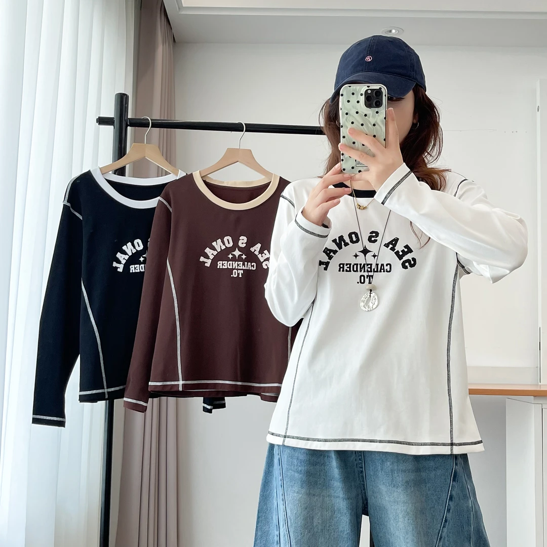 110-190斤大码女装秋装新款韩版休闲拼色印字母长袖圆领T恤上衣
