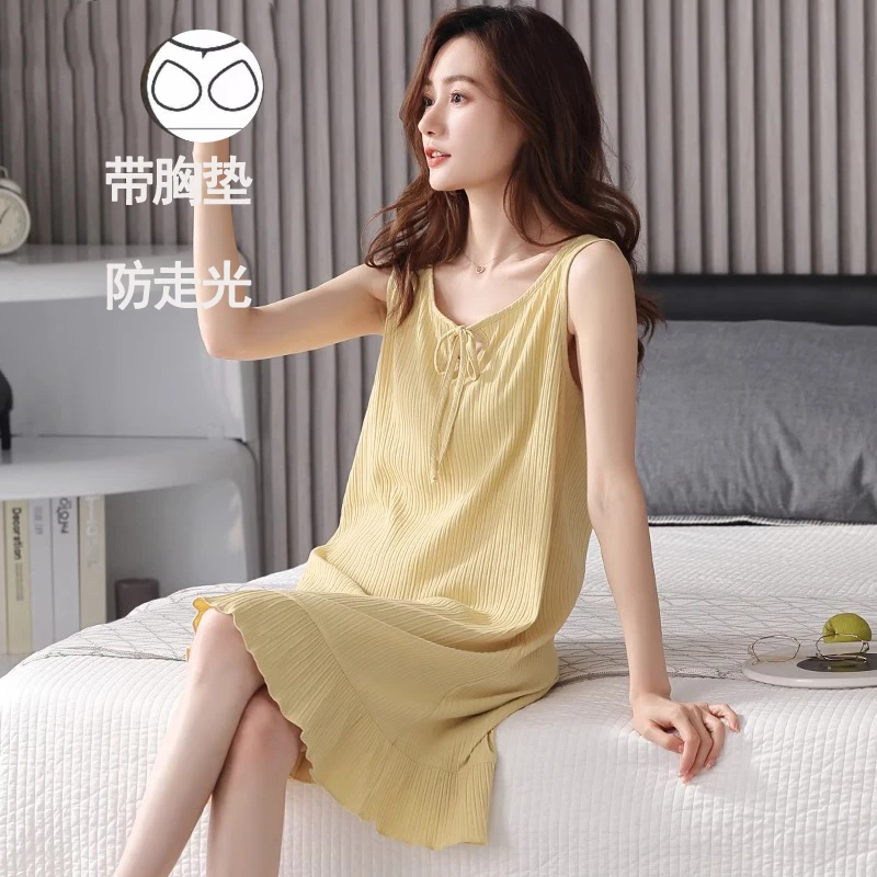 2025年带胸垫睡衣女款爆款睡裙夏季莫代尔无袖冰丝女大吊带睡衣裙