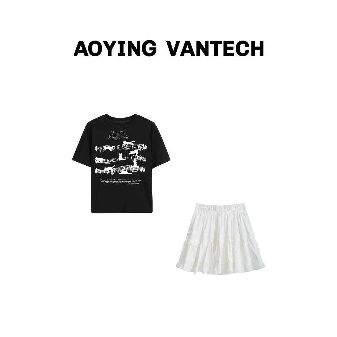 AOYING VANTECH【钢琴猫咪】黑色蝴蝶结印花T恤+白色蛋糕短裙套装