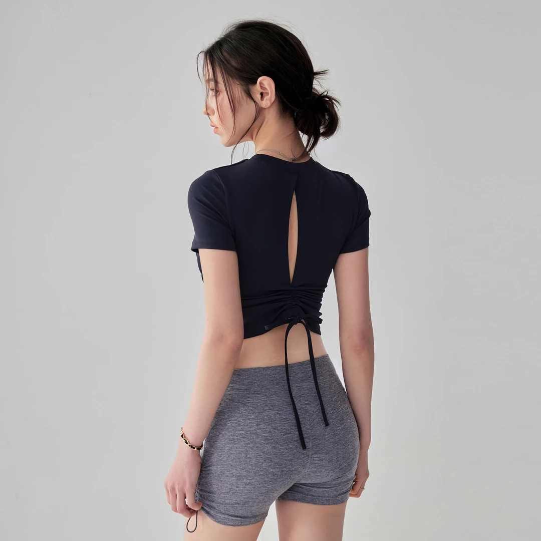 岚纹夏季美背瑜伽服T恤女跑步训练高弹含胸垫运动短袖健身上衣新