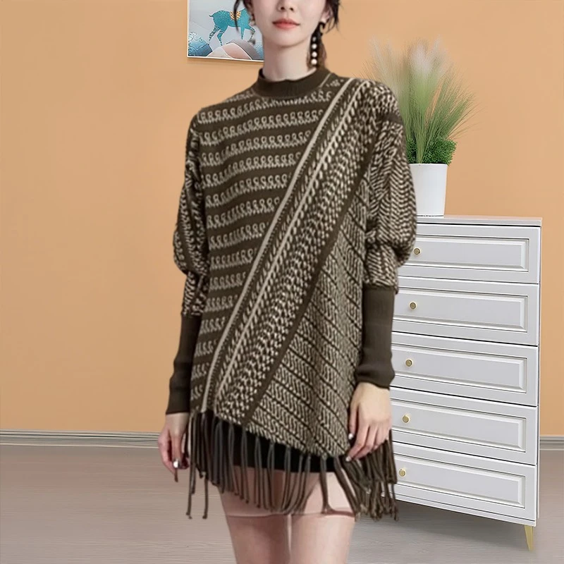 中年妈妈秋冬新款不规则流苏时尚针织衫减龄上衣洋气打底宽松毛衣