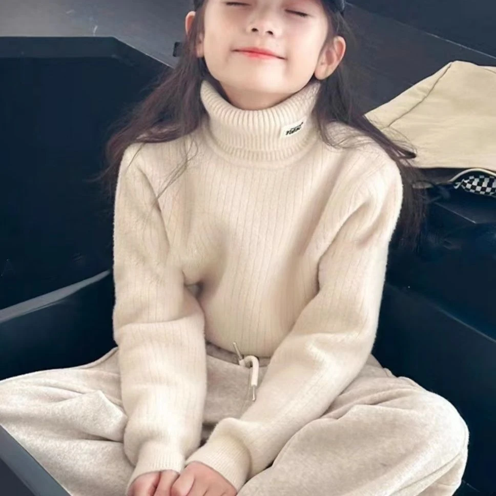 女童纯色打底衫毛衣中大童一体绒保暖加绒加厚不起球2024新款简洁