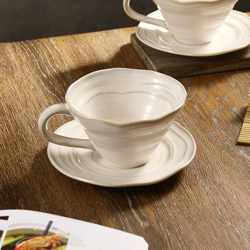 窑变白咖啡杯碟手工陶瓷杯复古风陶瓷创意杯杯碟套装粗陶拿铁杯