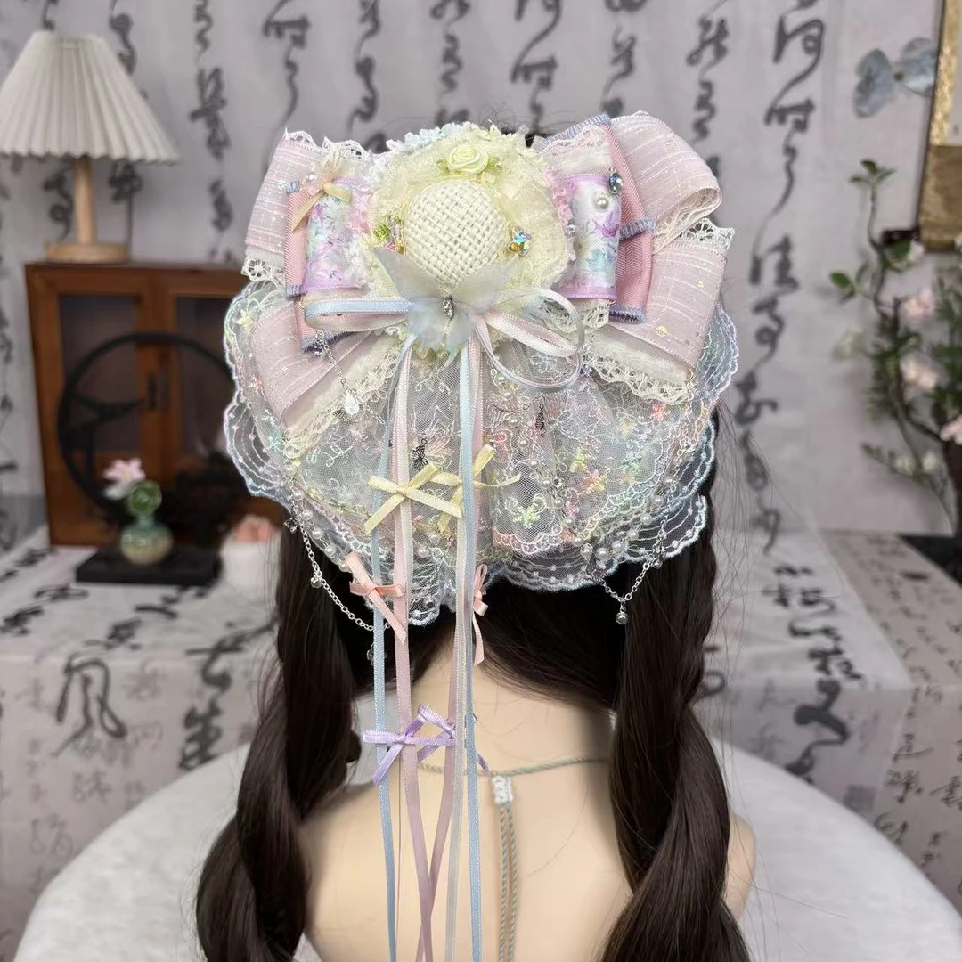 【彩虹马卡龙】可爱洛丽塔发饰甜妹发夹长飘带弹簧夹多层次蝴蝶结