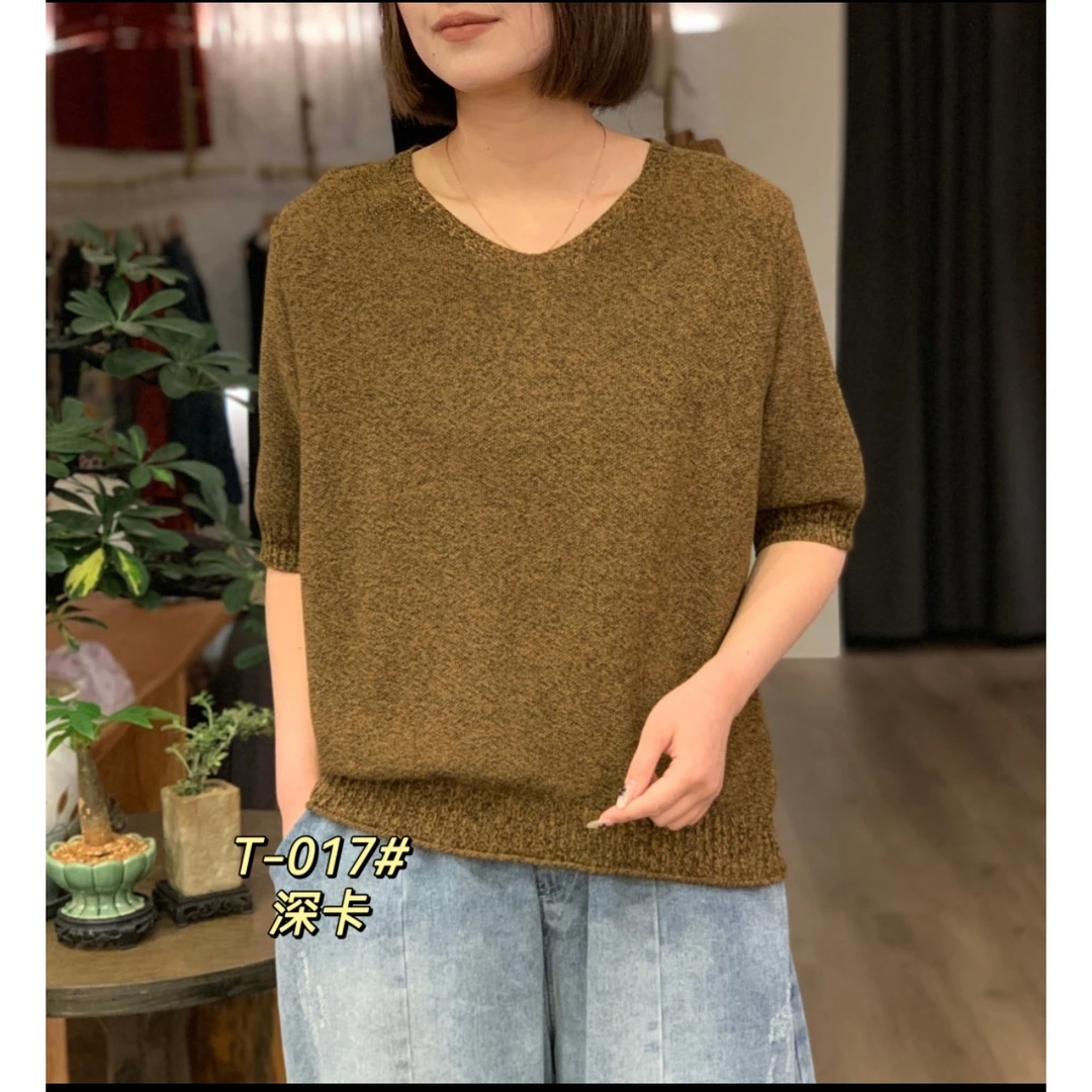 混纱V领短袖体恤S034