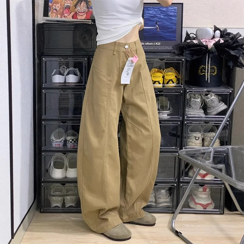 拉夏贝尔卡其色弯刀牛仔裤女2025春秋美式街头宽松百搭拖地阔腿裤