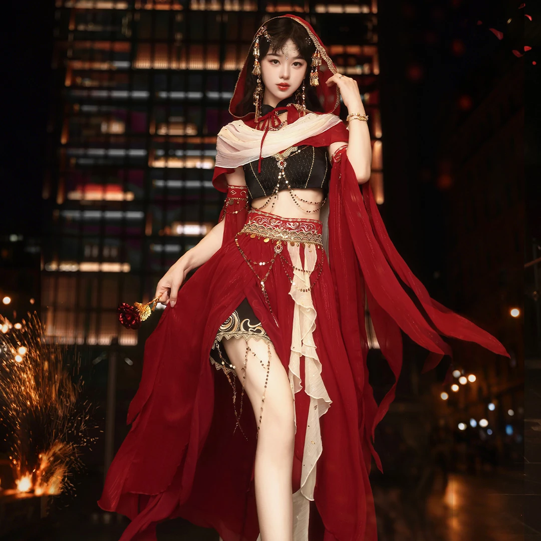 锦慕大漠旅者红色异域风情敦煌风披肩领子袖子吊带半裙短裤套装夏