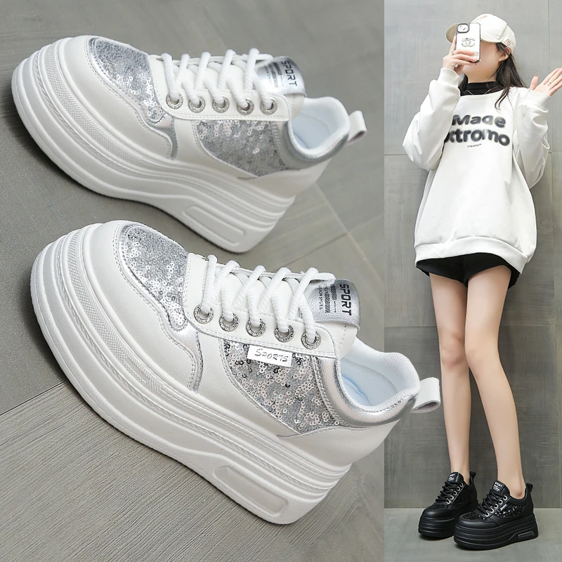 小白鞋2025春季新款时尚百搭透气亮片厚底内增高女鞋
