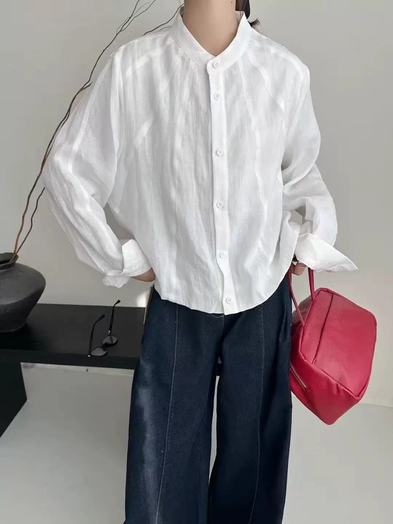 法式简约圆领套头衬衫春秋款宽松系带长袖衬衣