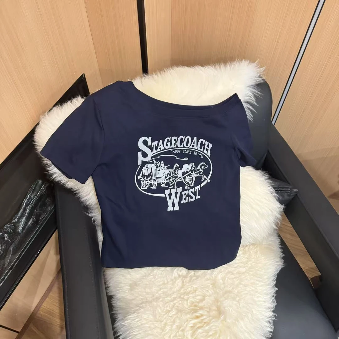 ZM夏季新款斜肩露肩字母图案马车T恤