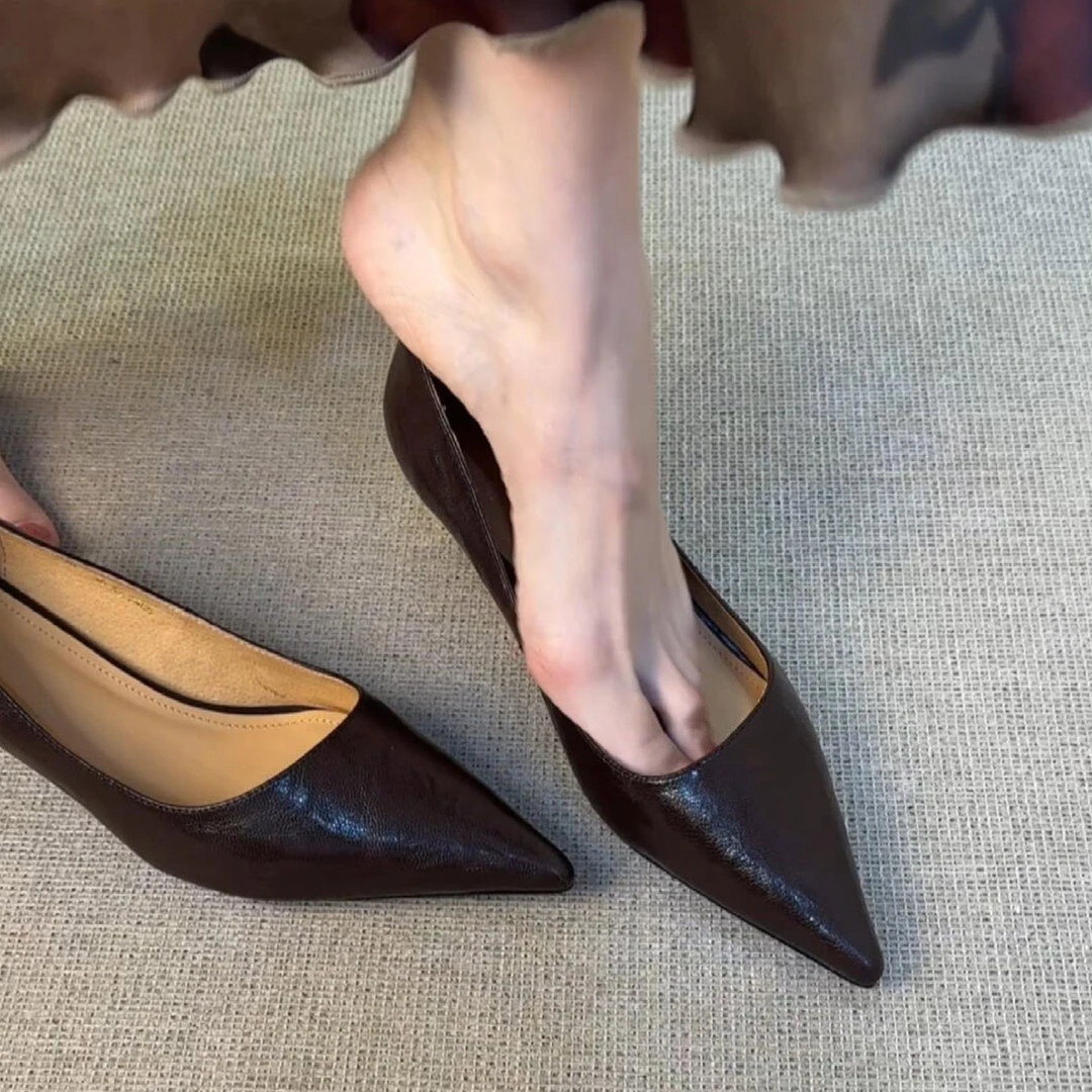 羊皮版~法式浅口高跟玛丽珍女鞋尖头气质棕色职业百搭真皮跟单鞋
